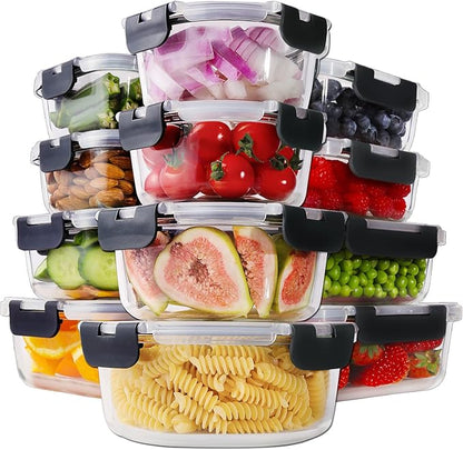 HOMBERKING 24pc Borosilicate Glass Food Storage Containers with Lids, Glass Meal Prep Containers with Leak Proof Snap Lock, Airtight Bento Lunch Boxes, Kitchen Storage (12 lids & 12 Containers)-Black