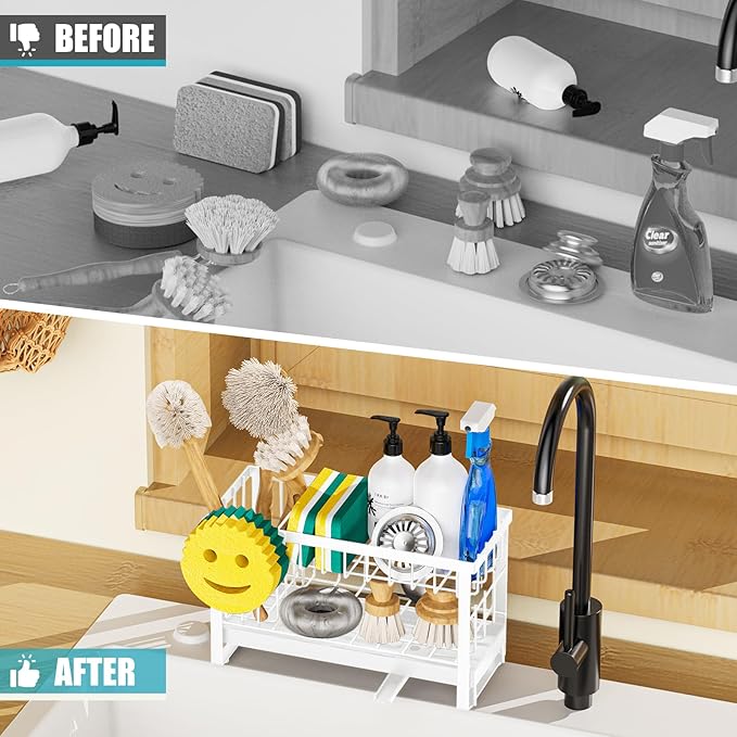 Sponge Holder for Kitchen Sink with Flexible Sponge Holder Smiley Face,2 Tier Kitchen Sink Organizer Countertop and Storage Essentials,Soap Dispenser Organize,Home Decor Accessories-White - Image 6
