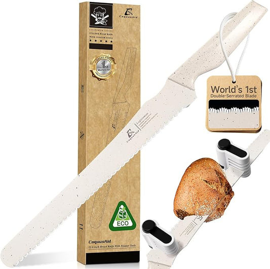 CoquusAid Upgrade Bread Knife for Homemade Bread, World‘s 1st Double Serrated Knife with 5 Thickness Adjustable Slicing Guide, Stainless Steel Bread Cutter, Razor Sharp for Sourdough, Creamy White by CoquusAid