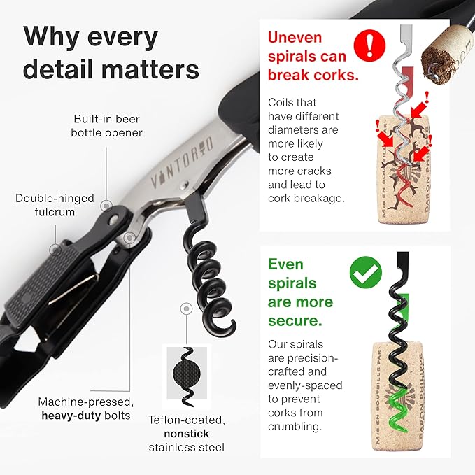 Vintorio Professional Waiters Corkscrew - Wine Key with Ergonomic Rubber Grip, Beer Bottle Opener and Foil Cutter (1 Pack) - Image 4