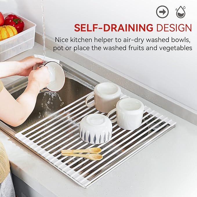 MERRYBOX Roll Up Over The Sink Dish Drying Rack Silicone Wrapped Foldable, Heat-Resistant, Anti-Slip Sink Rack Multipurpose Dish Drainer for Kitchen Sink Counter - White, 17.5" x 11" - Image 8