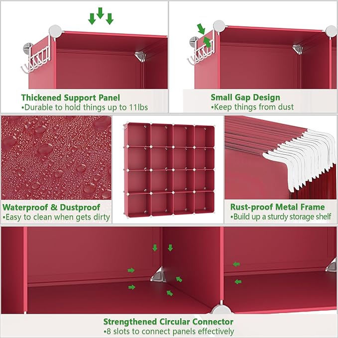 C&AHOME Cube Storage Organizer, 16-Cube Shelves Units, Plastic Storage Cubes, DIY Closet Organizer, Modular Closet Storage Shelves Ideal for Home, Bedroom, 48.4" L × 12.4" W × 48.4" H Red UPCS16R - Image 7