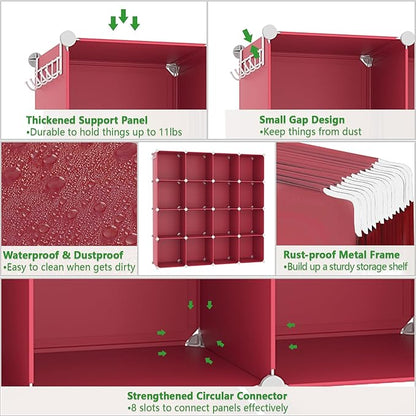C&AHOME Cube Storage Organizer, 16-Cube Shelves Units, Plastic Storage Cubes, DIY Closet Organizer, Modular Closet Storage Shelves Ideal for Home, Bedroom, 48.4" L × 12.4" W × 48.4" H Red UPCS16R - Image 7