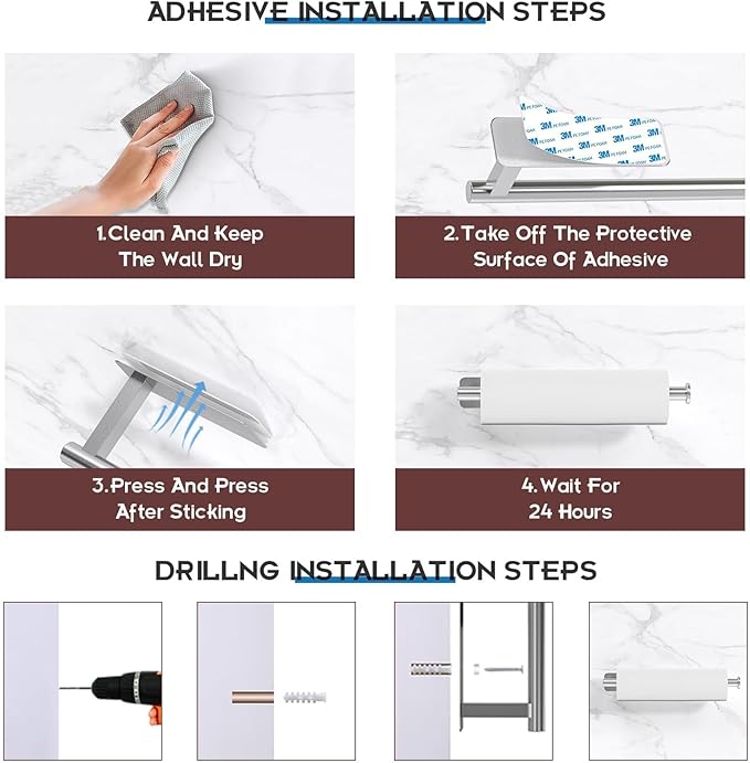 ASTOFLI Paper Towel Holder Under Cabinet No Drilling, Self Adhesive Paper Towel Holder Wall Mount for Kitchen Rack, Under Counter Napin Holder No Drill, RV, 304 Stainless Steel, Silver 2 Pack - Image 4