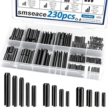 230Pcs Roll Pin Set SAE 1/16 5/64 3/32 1/8 5/32 3/16 7/32 1/4 5/16 3/8 Inch Roll Pins Assortment Kit for for Home Improvement Automotive Repair