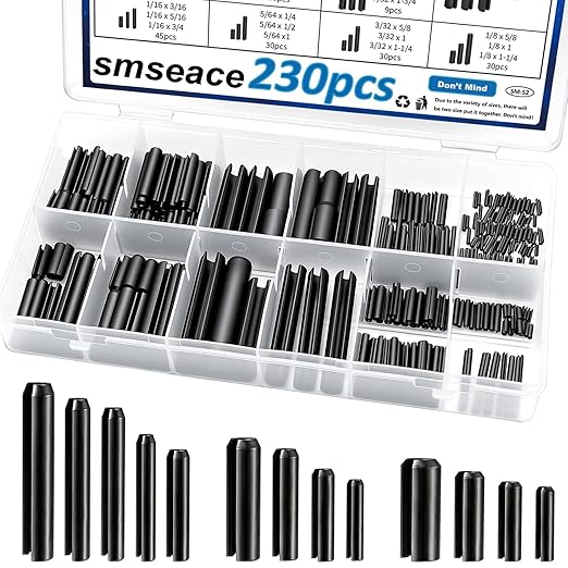 230Pcs Roll Pin Set SAE 1/16 5/64 3/32 1/8 5/32 3/16 7/32 1/4 5/16 3/8 Inch Roll Pins Assortment Kit for for Home Improvement Automotive Repair