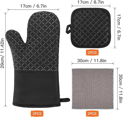 Philorn Oven Mitts and Pot Holders 6pcs, Kitchen Oven Glove High Heat Resistant 500℉ Extra Long Oven Mitts and Potholder with Non-Slip Silicone Surface for Baking, Cooking, BBQ (Black)