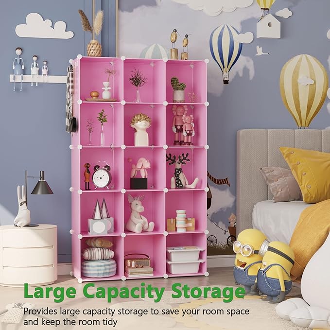 C&AHOME Cube Storage Organizer, 16-Cube Shelves Units, Plastic Storage Cubes, DIY Closet Organizer, Modular Closet Storage Shelves Ideal for Home, Bedroom, 48.4" L × 12.4" W × 48.4" H Pink UPCS16P - Image 4