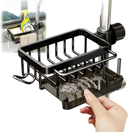 Sink Organizer Rack for Kitchen and Bathroom, 2025 New Stainless Steel Detachable Hanging Faucet Drain Rack with Drip Tray Faucet Sponge Holder for Bathroom, Scrubbers, Soap (Black, Left) by GCFTIFF