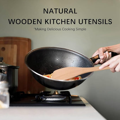 2pcs Wooden Spatulas for Cooking, 13inch Coated Beech Wood Turners for Frying, Non-Scratch Flat Spurtle for Pan & Wok, Cooking Utensils for Non Stick Cookware, Long Handle Scraper - Image 5