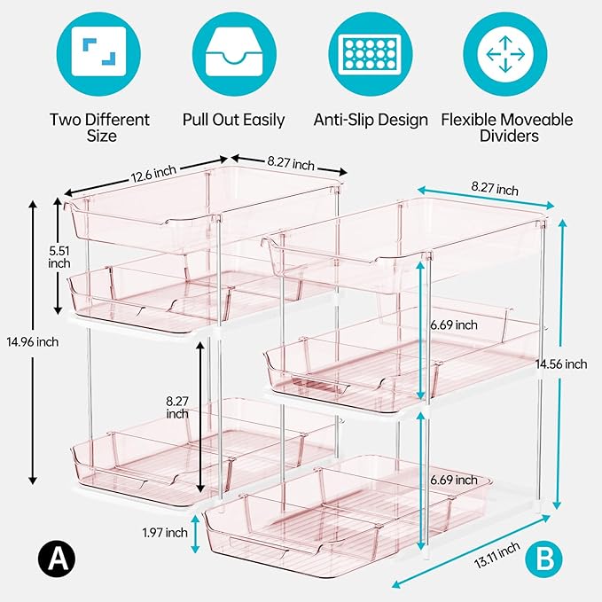 Delamu 2 Pack 3-Tier Bathroom Under Sink Organizers and Storage, Multi-Purpose Stackable Pantry Organization and Storage, Pull Out Clear Kitchen Bathroom Cabinet Organizer with Movable Dividers, Pink - Image 2