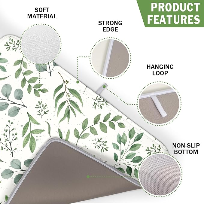 Kawani Sage Green Dish Drying Mat 16x18 In Absorbent Reversible Eucalyptus Leaves Plant Drying Mat Green Plant Dish Drying Rack Mat Spring Summer Themed Dish Drainer Mat for Kitchen Counter Coffee Bar