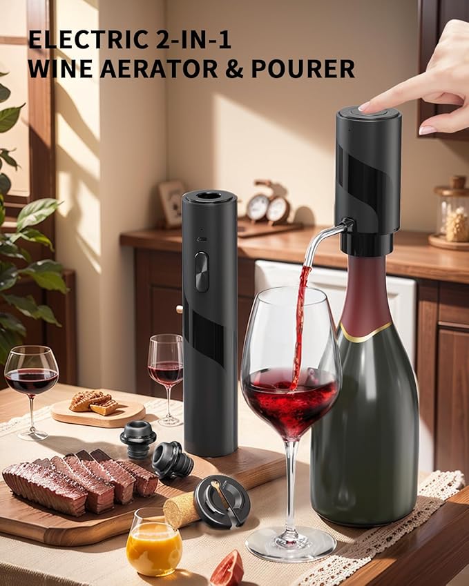CIRCLE JOY Electric Wine Bottle Opener Set Rechargeable 7-in-1 Wine Set with Foil Cutter, Electric Wine Opener, Electric 2in-1 Wine Aerator & Pourer, Electric Vacuum Pump and 2 Wine Stoppers, Black - Image 7
