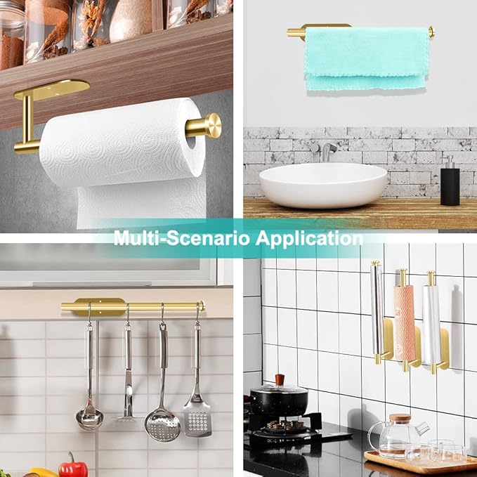 MGahyi 13.2 Inch Wall Mount Paper Towel Holder, Self Adhesive & Drilling Dual Use Under Cabinet Towel Rack, L-Type Rust Resistant Metal Roll Hanger for Kitchen, Bathroom, Pantry(Gold, Rectangle) - Image 7