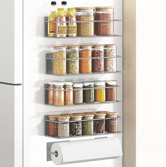 Magnetic Spice Rack For Refrigerator, Space Saving Magnetic Shelf For Fridge Grey 4 Pack With Magnetic Paper Towel Holder by Roysili