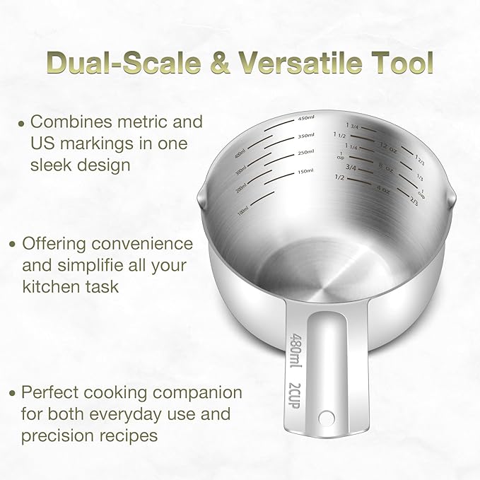 1PCS 2Cup (480ml, 16oz) Single Measuring Cup, Etched Inner Scale Stainless Steel Measure Scoop, Metric and US Measurement, Dishwasher Safe - Image 4