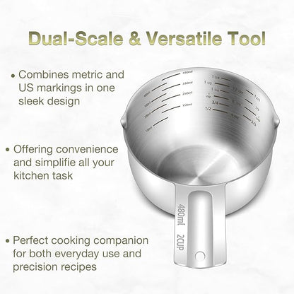 1PCS 2Cup (480ml, 16oz) Single Measuring Cup, Etched Inner Scale Stainless Steel Measure Scoop, Metric and US Measurement, Dishwasher Safe - Image 4