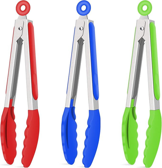Hotec Silicone Kitchen Tongs for Cooking 9-Inch Serving Tongs with Silicone Tips, Set of 3 (Red Blue Green) by Hotec
