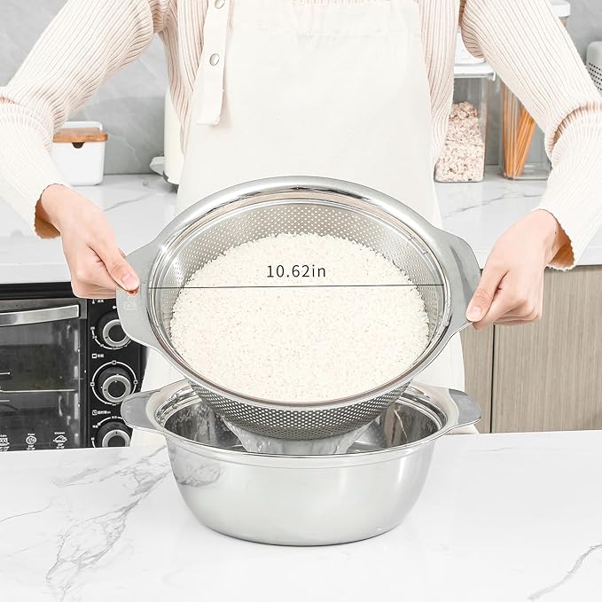304 Stainless Steel Microporous Colander with Handle, Rice Washers Microporous Strainer Set For washing vegetables, fruits and rice, and draining cooked pasta. - Image 2