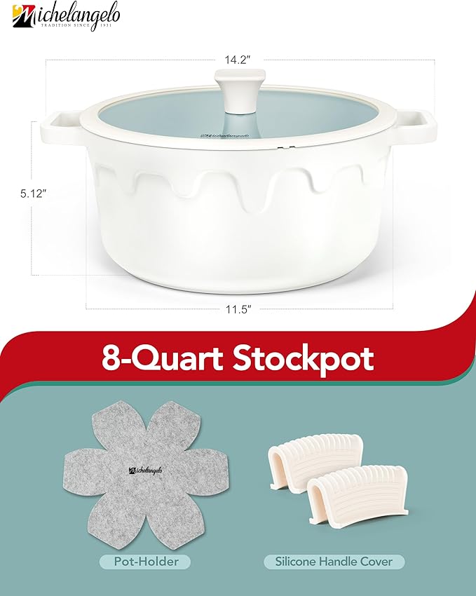 MICHELANGELO 8-Quart Soup Pot with Lid - Nonstick Large Ceramic Stock Pot for Induction Cooktop, 8qt Non Stick Cooking Pots with Silicone Handle Covers & Pot-Holder, Cream - Image 2