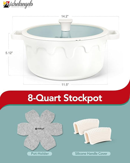 MICHELANGELO 8-Quart Soup Pot with Lid - Nonstick Large Ceramic Stock Pot for Induction Cooktop, 8qt Non Stick Cooking Pots with Silicone Handle Covers & Pot-Holder, Cream - Image 2