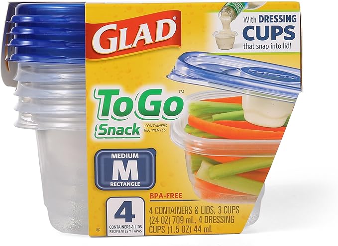 Glad GladWare To Go Snack Food Storage Containers with Lids, Medium Rectangle BPA Free Plastic with Built-In Dressing Cup for Salads and Snacks, Microwave Dishwasher Safe, 24 Oz, 4 Count - Image 2