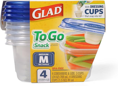 Glad GladWare To Go Snack Food Storage Containers with Lids, Medium Rectangle BPA Free Plastic with Built-In Dressing Cup for Salads and Snacks, Microwave Dishwasher Safe, 24 Oz, 4 Count - Image 2