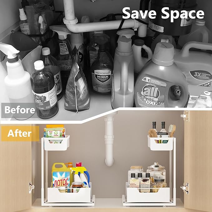 Ceetug Under Kitchen Sink Organizers and Storage Pull Out 2 Tier Metal Bathroom Cabinet Organizer (White, 2 Pack) - Image 4