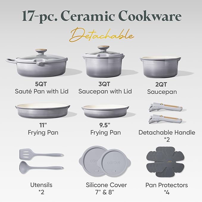 CAROTE 17Pcs Titanium Cookware Set, Pots and Pans Set Non Stick, Kitchen Cooking Set with Detachable Handle, Non Toxic Induction Cookware, Dishwasher/Oven Safe - Image 2