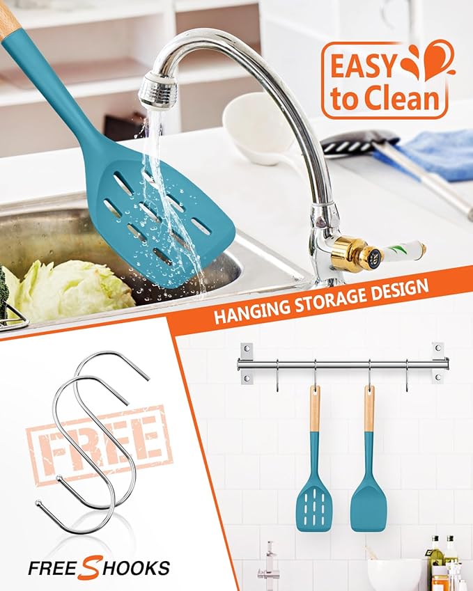 Pack of 2 Silicone Spatula, Non Stick Cooking Utensil Set Wooden Handle Kitchen Turner for Baking Mixing Grilling Serving Food Heat Resistant Non Scratch Hooks Included (Blue) - Image 4
