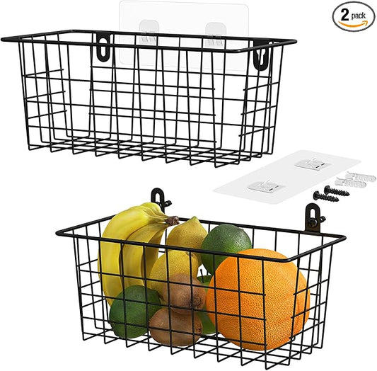 MaraFansie Hanging Kitchen Baskets Wire Storage Basket Adhesive and Screws Basket Over the Cabinet Door Organizer with Adhesive Strips and Screws Accessories, 2 Installations, 2 Pack by MakeStorageMoreFun