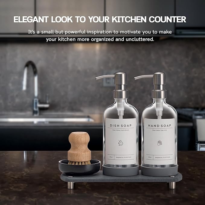 [Luxury] Kitchen Soap Dispenser Set - 16OZ Clear Glass Bottle, Stainless Steel Pump, Instant Dry Tray, Waterproof Labels, Non-Slip Silicone Pad, and Dish Brush | Upgrade for Your Kitchen and Bathroom - Image 5