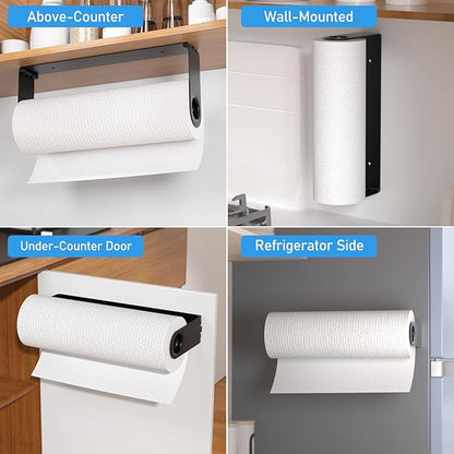 Paper Towel Holder Under Cabinet, Wall Mount Paper Towels Holder for Kitchen Under Counter, Self Adhesive and Drilling, Heavy-Duty Hanging Paper Towel Roll Holder Inside Cabinet Door, Black