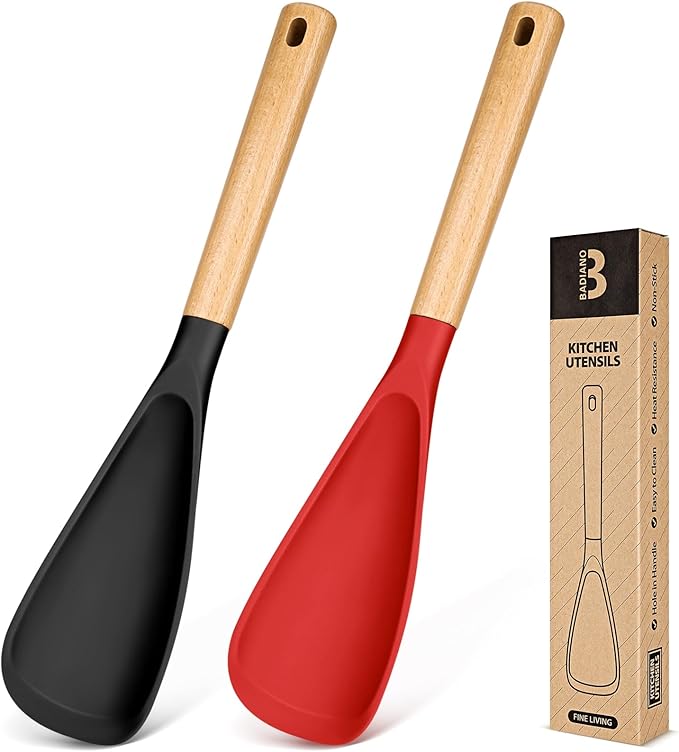Cooking Spoon for Nonstick Cookwares, Great for Cooking and Serving Sturdy BPA-Free Matte Silicone, Wood Handle Spoon for Mixing, Scoop, and Scrape (Black & Red, 13.4 inch) by BADIANO