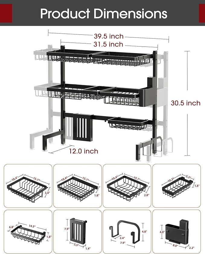 Sakugi Over The Sink Dish Drying Rack - Adjustable 3 Tier XX-Large Capacity Stainless Steel Drainer with Cutlery & Utensil Holders, Kitchen Storage & Organization, 31.5"-39.5"L x 12"W x 30.5"H, Black - Image 6