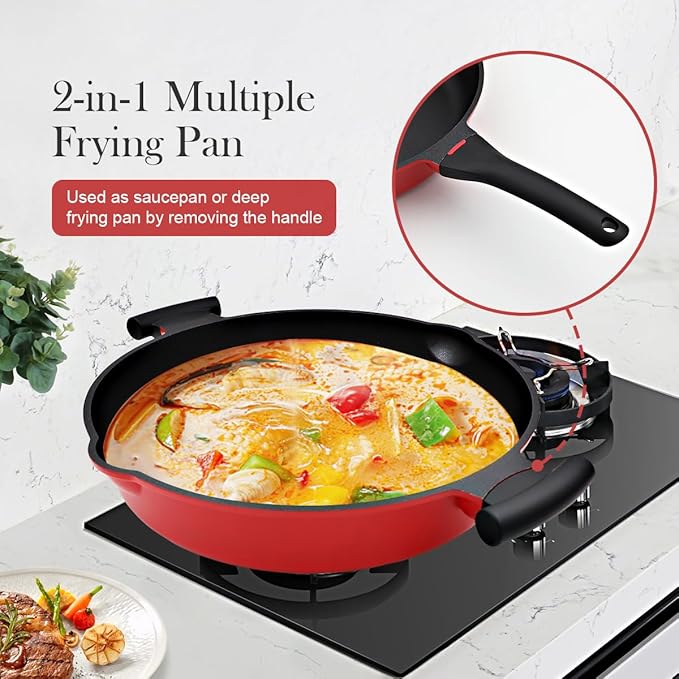 AIKENBBKK Frying Pan Skillet Nonstick with Lid, 14 Inch Large Deep Saute Pan, Big Induction Pan Non Stick, 2-1 Cooking Cookware with Helper Handle, Family Size, Suitable for All Stoves, PFOA-Free, Red - Image 3