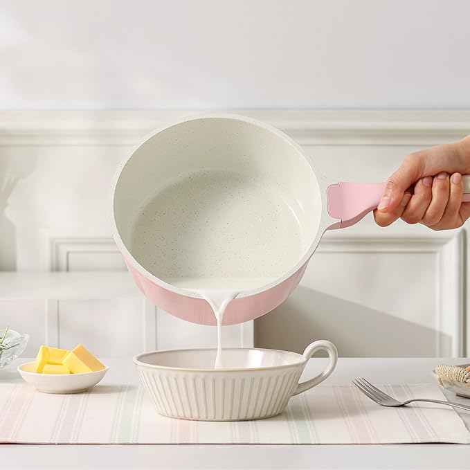 SENSARTE Ceramic Nonstick Saucepan with Lid 1.5 Quarts, Small Kitchen Cooking Pot with Stay Cool Handle, Induction Compatible, Ceramic Coating, Free of Intentionally Added PTFE/PFOA/PFAS, Sakura Pink