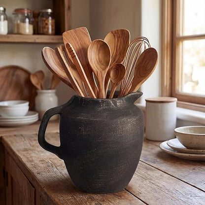 Potchen Rustic Kitchen Utensil Holder with Handle,7.48" H Ceramic Vintage Utensil Crock for Countertop, Farmhouse Kitchen Decoration Ceramic Pot for Spatulas Spoons Tongs(Novelty,Antique Black Gold) - Image 2