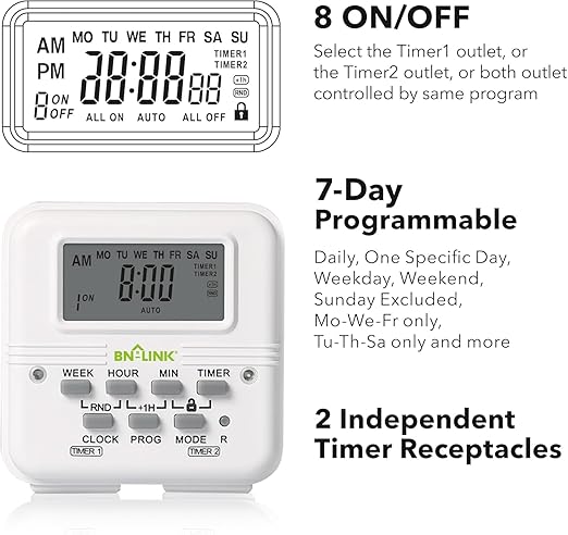 BN-LINK Indoor Digital Light Timer, 7 Day Programmable Plug with 2 Independent 3-Prong Outlets, for Lamps, Fans, 2 On/Off Settings, 1 Pack, 15A/1875W, ETL Listed - Image 3