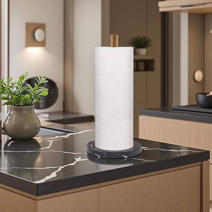 Buruis Wood Paper Towel Holder, Marble Base Modern Decorative Countertop Standing Rolls Holder for Kitchen, Toilet, Pantry and Bathroom (Marble Base Black) - Image 4