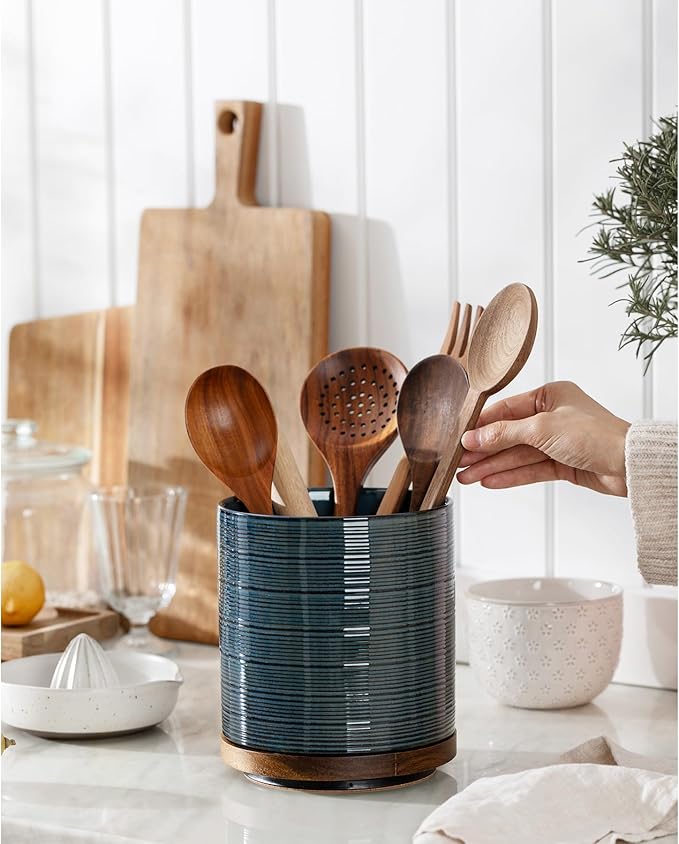 Utensil Holder, 360° Rotating Extra Large Ceramic Kitchen Utensil Holder for Countertop, 7.3“ Cooking Utensil Crocks for Kitchen Counter with Rotatable Wooden Base, Farmhouse Decor, Dusty Blue - Image 2