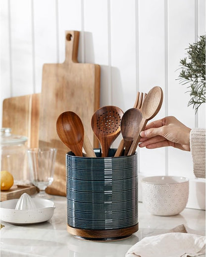 Utensil Holder, 360° Rotating Extra Large Ceramic Kitchen Utensil Holder for Countertop, 7.3“ Cooking Utensil Crocks for Kitchen Counter with Rotatable Wooden Base, Farmhouse Decor, Dusty Blue - Image 2