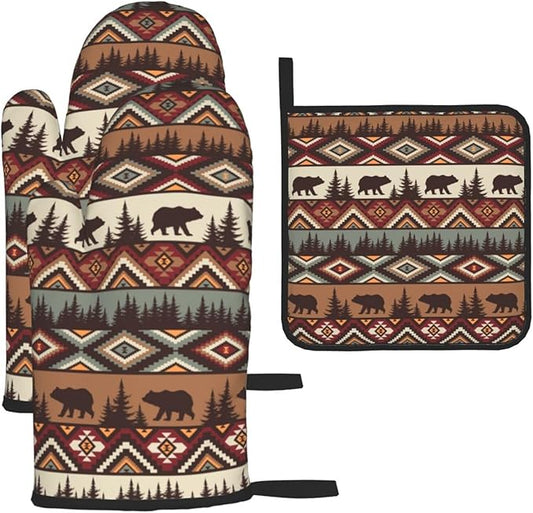 Vintage Rustic Oven Mitts and Pot Holders Sets of 3 Heat Resistant Hot Pads Bear Mountain Oven Gloves for Kitchen Cooking BBQ Baking by Unknown