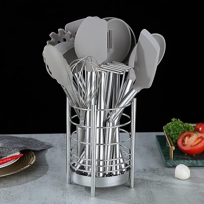 Kitchen Utensil Holder for Kitchen Counter, Stainless Steel Utensil Crocks, Utensil Storage Caddy Organizer, Cooking Utensil Holder, kitchen tools, Easy Cleaning (Silver/7.4''x5.2'') - Image 4