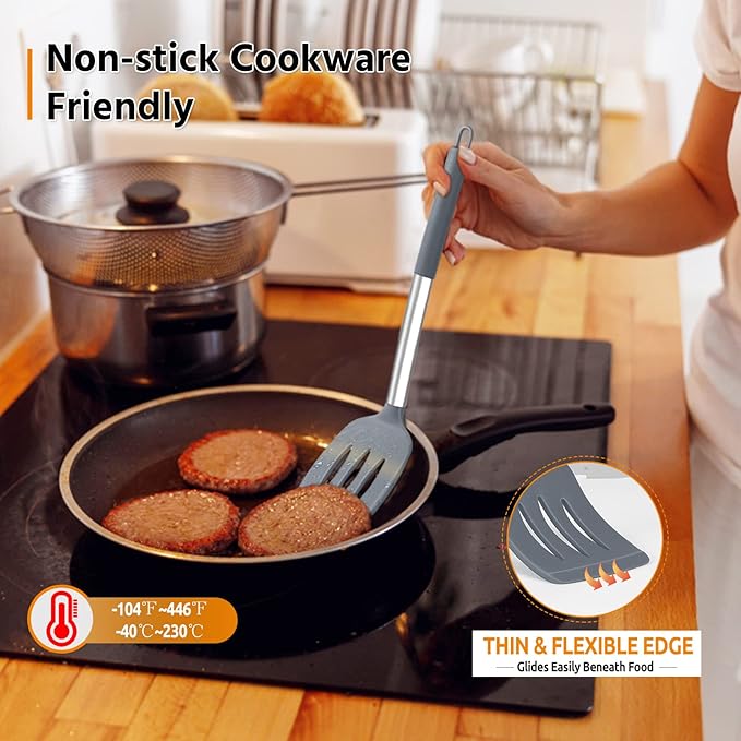 Cooking Utensils Set of 4, E-far Silicone Kitchen Utensils for Non-stick Cookware, Heat Resistant & Non-toxic Slotted Spatula Solid Spoon Turner for Flipping Mixing Serving Basting(Grey) - Image 6