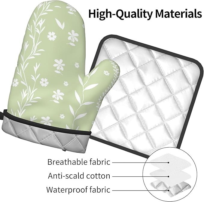 Sage Green Oven Mitt Pot Holder Set Floral BBQ Cooking Gloves Farmhouse Botanical Baking Grilling Kitchen Gifts for Spring Summer - Image 4