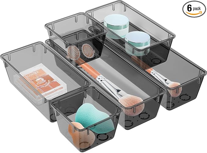 WOWBOX 6 Pack Clear Drawer Organizer Set, Acrylic Drawer Storage Trays, Storage Bins for Makeup, Cosmetics, Jewelries, Utensils, Gadgets, Office, Black by WOWBOX