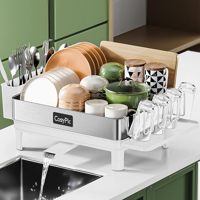 Dish Racks, Thicker Premium 304 Stainless Steel Dish Drying Rack for Kitchen Counter, Automatic Drainage Spout, Dish Drainer & Drainboard Set with Utensil Holder and Cup Holder, White by CosyPic