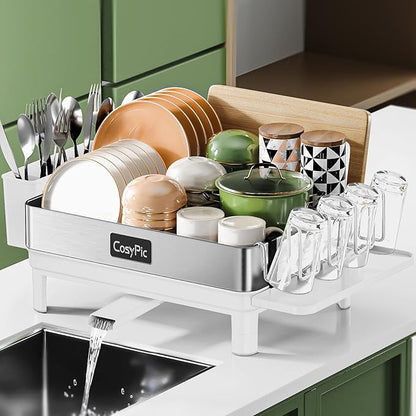 Dish Racks, Thicker Premium 304 Stainless Steel Dish Drying Rack for Kitchen Counter, Automatic Drainage Spout, Dish Drainer & Drainboard Set with Utensil Holder and Cup Holder, White by CosyPic
