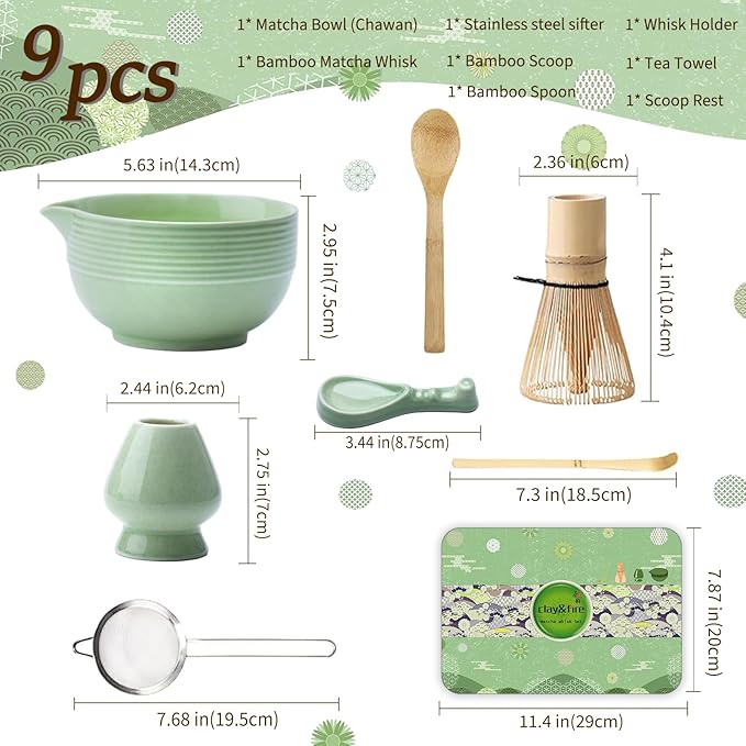 Clay&Fire Matcha Whisk Set, Ceramic Matcha Set, Matcha Bowl with Spout and Whisk, 9 pcs Matcha Tea Kit for Matcha Lovers, Ideal Gift Christmas, Birthday (Green) - Image 7